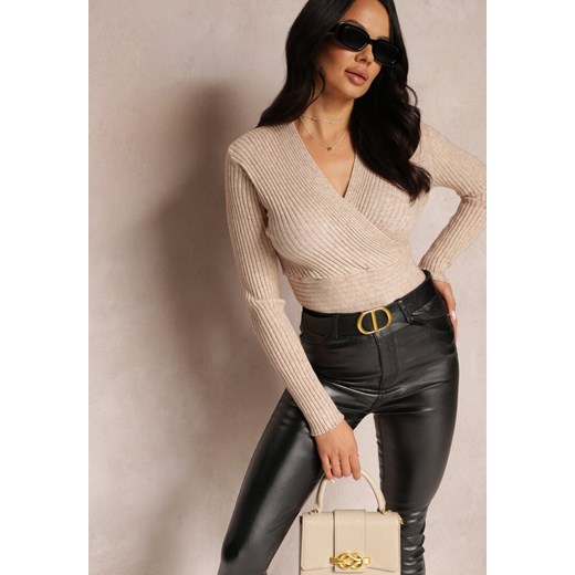 Beżowy Sweter Kopertowy z Prążkowanej Dzianiny Goli - id: HXH2166-42-BEIGE - marki Renee - 186440453 Beżowy Sweter Kopertowy z Prążkowanej Dzianiny Goli ze sklepu renee.pl w kategorii Swetry damskie - zdjęcie 186440453