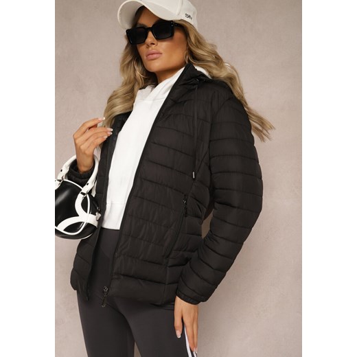 Czarna Kurtka Ozdobiona Pikowaniem Wykończona Sznurkami i Kapturem Mivissa ze sklepu renee.pl w kategorii Kurtki damskie - zdjęcie 186440483