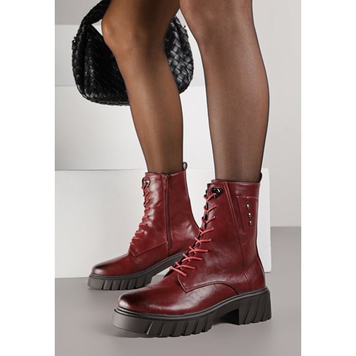 Bordowe Botki Workery w Stylu Grunge z Nitami przy Cholewce Anelerie ze sklepu born2be.pl w kategorii Botki - zdjęcie 186440800