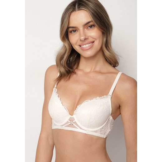 Beżowy Biustonosz Typu Push-Up Ozdobiony Koronką Paskami i Aplikacją Ezinzee ze sklepu born2be.pl w kategorii Biustonosze - zdjęcie 186440871