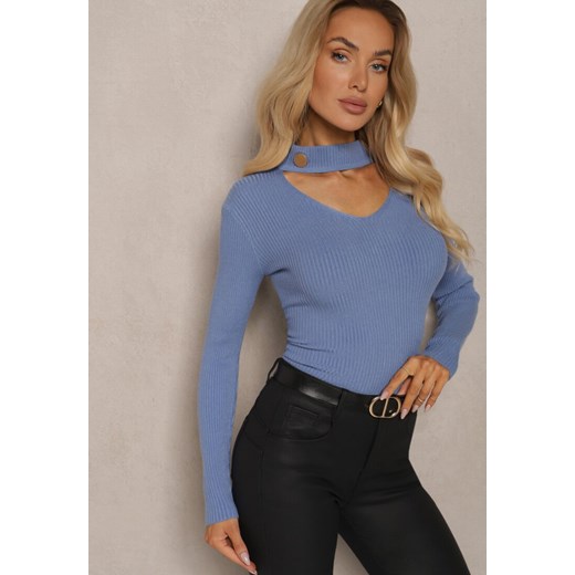 Niebieski Sweter Golf z Ozdobnym Wycięciem Przy Dekolcie Erticia ze sklepu renee.pl w kategorii Swetry damskie - zdjęcie 186444790