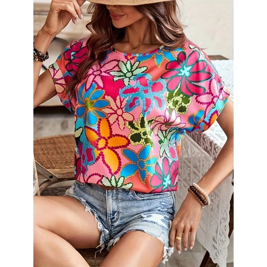 Bluzka damska w kolorowe kwiaty - Różowy XS ze sklepu Intimica.pl w kategorii Bluzki damskie - zdjęcie 186454463