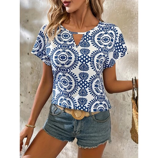 Damska bluzka we wzory z dekoltem - Niebieski XS ze sklepu Intimica.pl w kategorii Bluzki damskie - zdjęcie 186454622