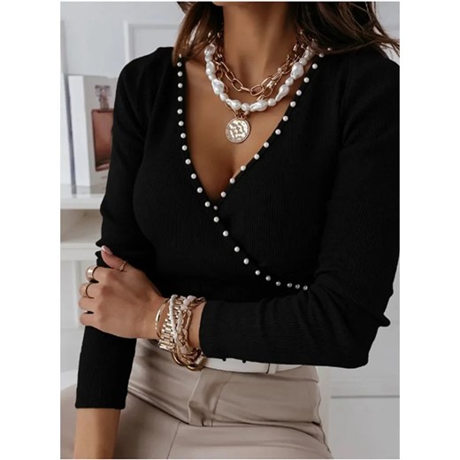 Damska bluzka z dekoltem i perełkami - Czarny S ze sklepu Intimica.pl w kategorii Bluzki damskie - zdjęcie 186454631
