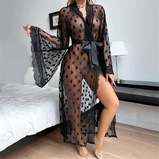 Długi prześwitujący szlafrok z koronką - Czarny S ze sklepu Intimica.pl w kategorii Szlafroki damskie - zdjęcie 186455014