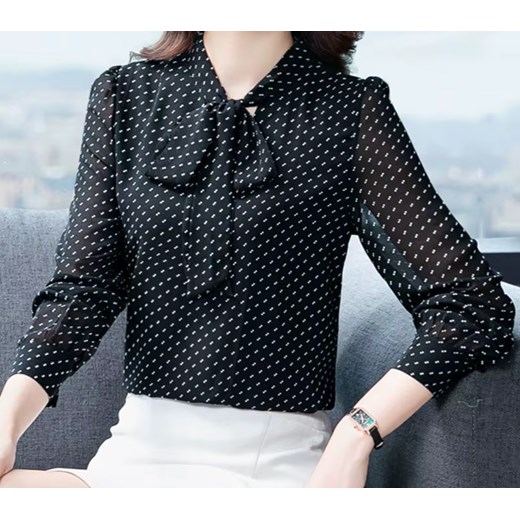 Koszula damska w grochy z wiązaniem pod szyją - Czarny M ze sklepu Intimica.pl w kategorii Bluzki damskie - zdjęcie 186455630