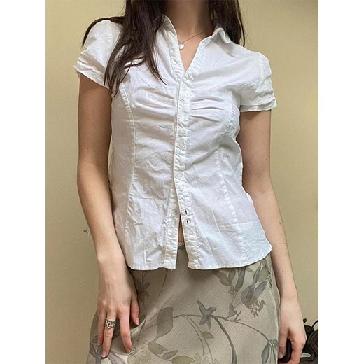 Koszula damska z krótkim rękawkiem i wiązaniem na plecach - Biały S ze sklepu Intimica.pl w kategorii Koszule damskie - zdjęcie 186455653