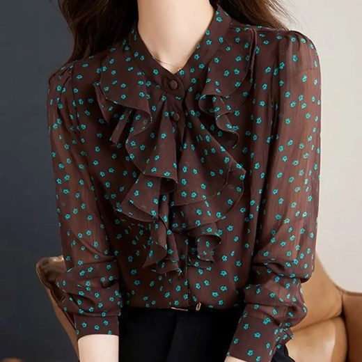 Koszula damska z ozdobnym kołnierzem w kwiatki - Brązowy S ze sklepu Intimica.pl w kategorii Koszule damskie - zdjęcie 186455660