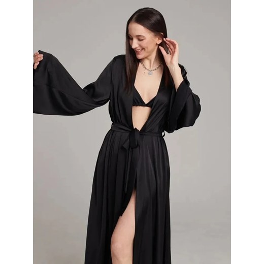 Satynowy szlafrok damski z długimi rękawami - Czarny XS ze sklepu Intimica.pl w kategorii Szlafroki damskie - zdjęcie 186456323