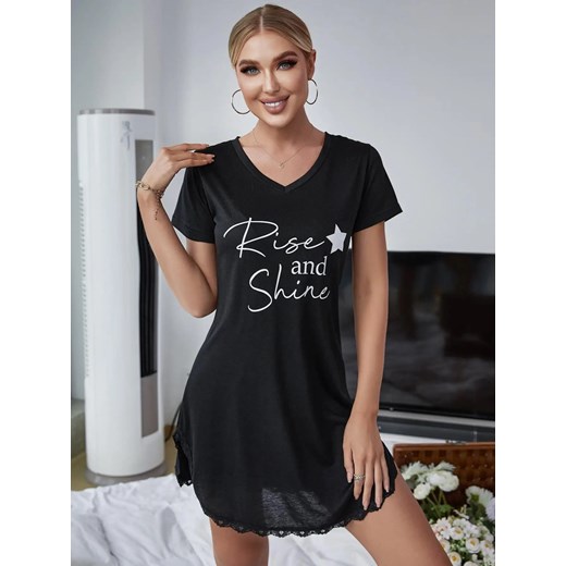 Zwiewna koszula nocna z napisem - Czarny S ze sklepu Intimica.pl w kategorii Koszule nocne - zdjęcie 186456833
