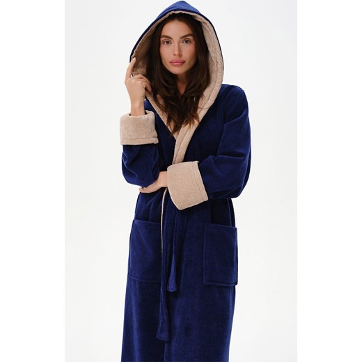 Bawełniany szlafrok damski z kapturem niebieski SF01, Kolor niebieski, Rozmiar L, Esli ze sklepu Intymna w kategorii Szlafroki damskie - zdjęcie 186458693