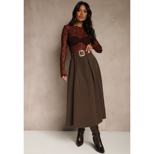 Brązowa Spódnica z Wiskozą o Rozkloszowanym Kroju z Paskiem z Klamrą Tiavela - id: 60263-54-BROWN - marki Renee - 186465554 Brązowa Spódnica z Wiskozą o Rozkloszowanym Kroju z Paskiem z Klamrą Tiavela ze sklepu renee.pl w kategorii Spódnice - zdjęcie 186465554