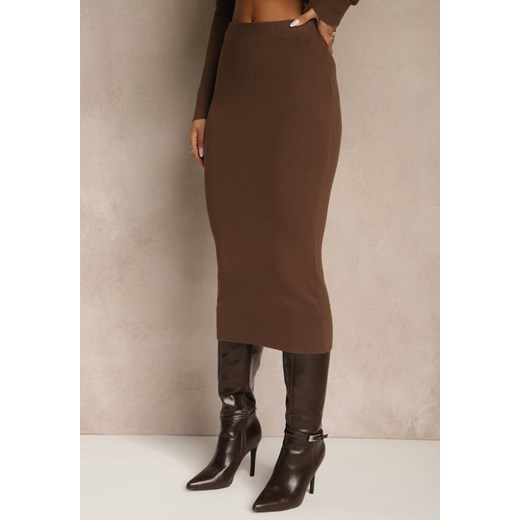 Brązowy Dzianinowy Komplet z Wiskozą Elegancki Kardigan i Spódnica Unalaia Renee ONE SIZE renee.pl