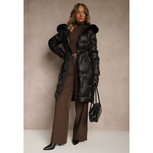 Czarna Długa Kurtka z Pikowanymi Przeszyciami i Kapturem Ściągana w Talii Renee 2XL renee.pl