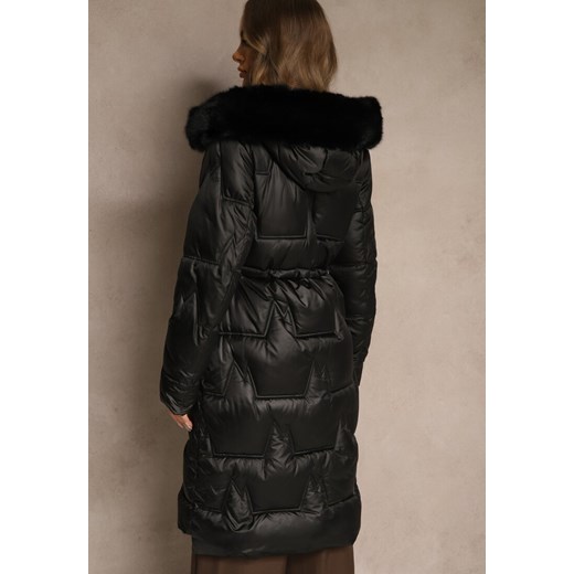 Czarna Długa Kurtka z Pikowanymi Przeszyciami i Kapturem Ściągana w Talii Renee S renee.pl