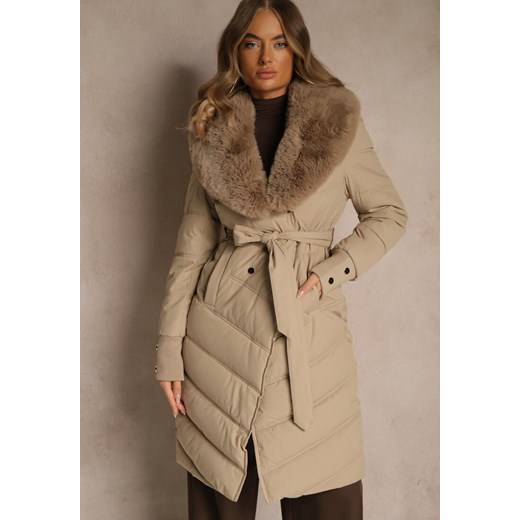 Beżowa Pikowana Kurtka o Eleganckim Kroju z Futerkiem i Wiązanym Paskiem Renee S renee.pl