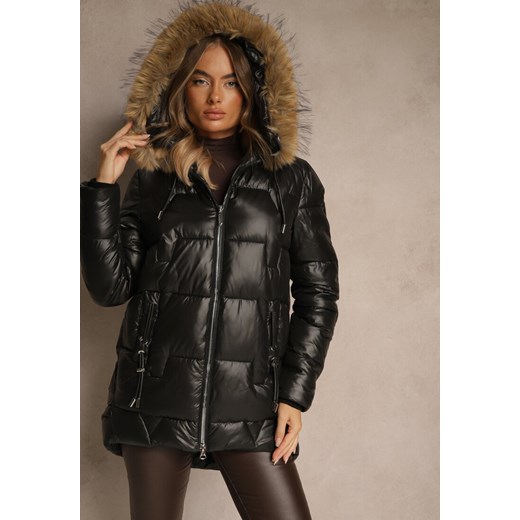 Czarna Kurtka z Pikowanymi Przeszyciami i Kapturem z Odpinanym Futrem Galenea ze sklepu renee.pl w kategorii Kurtki damskie - zdjęcie 186468190