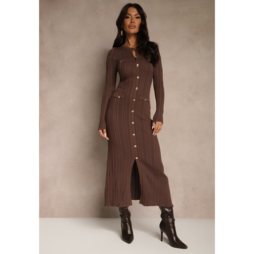 Brązowa Taliowana Sukienka Sweterkowa z Wiskozą i Metalicznymi Guzikami Lilianessa ze sklepu renee.pl w kategorii Sukienki - zdjęcie 186468200