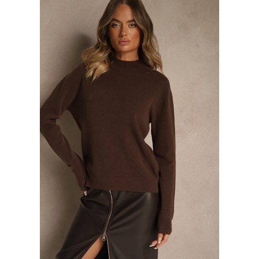 Brązowy Gładki Sweter z Półgolfem z Dzianiny z Wełną i Wiskozą Zaiara Renee ONE SIZE renee.pl