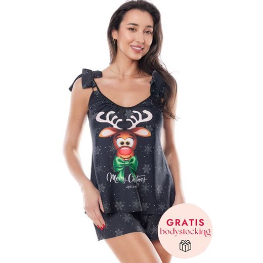 Piżama świąteczna damska czarna Aster + bodystocking Muriel GRATIS, Kolor czarny, Rozmiar L/XL, Anais ze sklepu Intymna w kategorii Piżamy damskie - zdjęcie 186483353