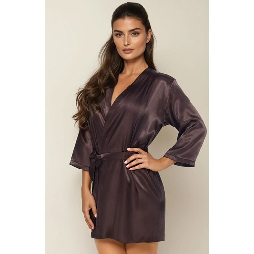 Satynowy krótki szlafrok damski czekoladowy Aria, Kolor brązowy, Rozmiar S, Irall ze sklepu Intymna w kategorii Szlafroki damskie - zdjęcie 186483391