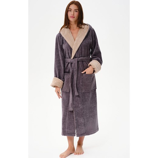 Bawełniany szlafrok damski z kapturem ciemnoszary SF01, Kolor ciemnoszary, Rozmiar L, Esli ze sklepu Intymna w kategorii Szlafroki damskie - zdjęcie 186483444