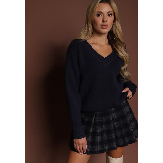 Granatowy Sweter z Kaszmirem i Trójkątnym Dekoltem Plenne ze sklepu renee.pl w kategorii Swetry damskie - zdjęcie 186488603