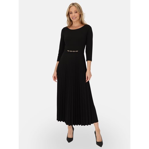 Czarna sukienka z plisowanym dołemi ozdobą w pasie L'AF Celine ze sklepu Eye For Fashion w kategorii Sukienki - zdjęcie 186491061