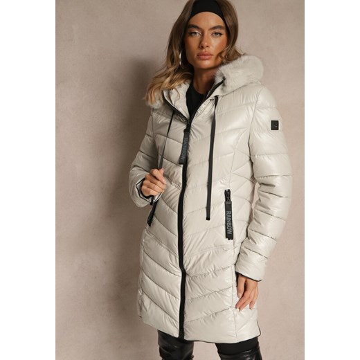 Biała Taliowana Kurtka z Pikowanymi Przeszyciami i Kapturem z Futrem Nalidea ze sklepu renee.pl w kategorii Kurtki damskie - zdjęcie 186491691