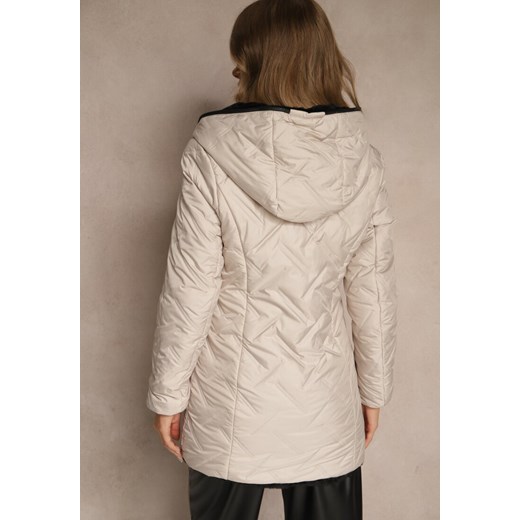 Beżowa Dwustronna Kurtka z Kapturem Pikowanymi Przeszyciami i Futerkiem Rossalea Renee S renee.pl