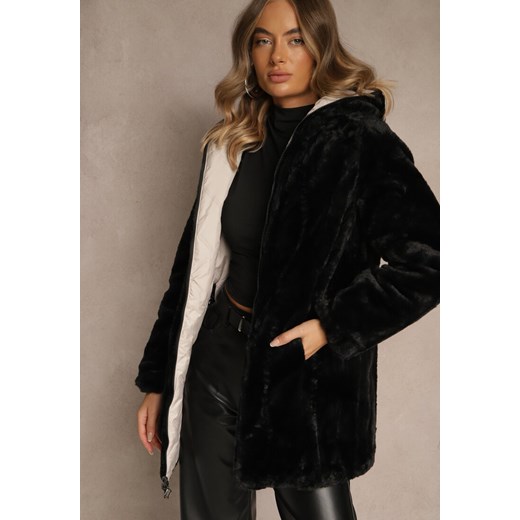 Beżowa Dwustronna Kurtka z Kapturem Pikowanymi Przeszyciami i Futerkiem Rossalea Renee 2XL renee.pl