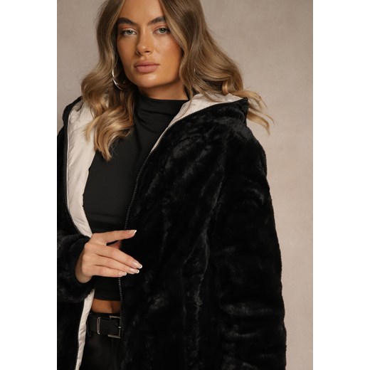 Beżowa Dwustronna Kurtka z Kapturem Pikowanymi Przeszyciami i Futerkiem Rossalea Renee M renee.pl