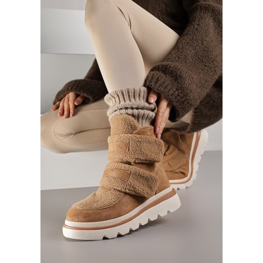 Brązowe Botki Typu Śniegowce na Platformie z Dwoma Ozdobnymi Rzepami Edarlia ze sklepu renee.pl w kategorii Śniegowce damskie - zdjęcie 186491752