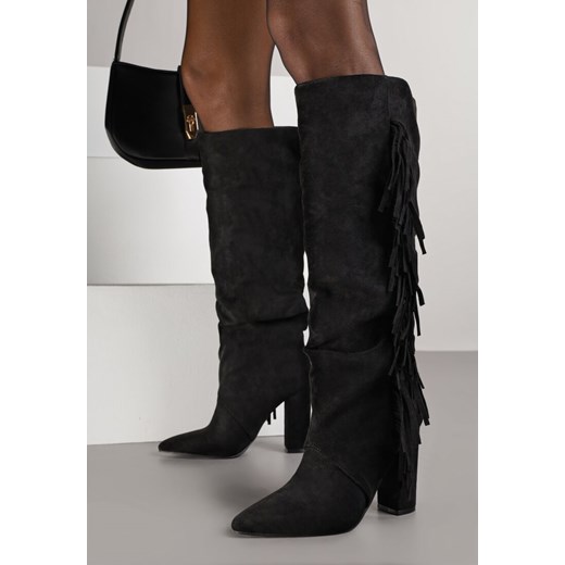 Czarne Kozaki Kowbojki na Obcasie Ozdobione Frędzlami Badorra ze sklepu born2be.pl w kategorii Kozaki damskie - zdjęcie 186493923