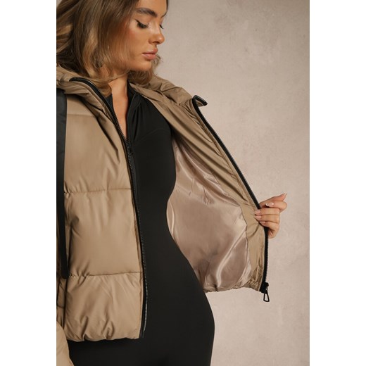 Ciemnobeżowa Kurtka Puffer z Pikowanymi Przeszyciami i Kapturem Renaria Renee S renee.pl