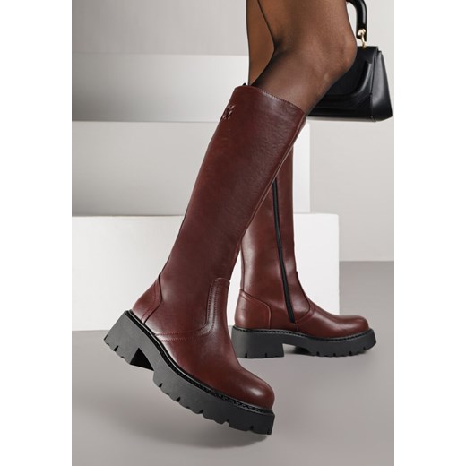 Bordowe Kozaki VICES na Platformie z Tłoczonym Zdobieniem przy Cholewce Uniresa ze sklepu renee.pl w kategorii Kozaki damskie - zdjęcie 186494164