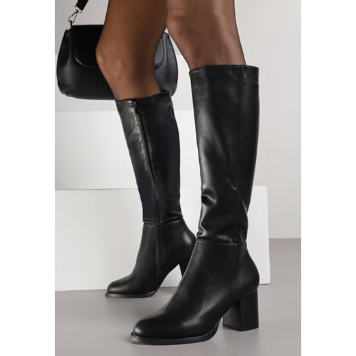 Czarne Kozaki na Słupku VICES z Ozdobnym Przeszyciem Liladevia ze sklepu renee.pl w kategorii Kozaki damskie - zdjęcie 186494171