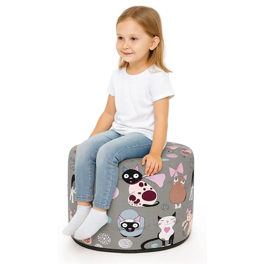 Szara okrągła pufa dziecięca w kotki G3-P93 ze sklepu Edinos.pl w kategorii Pufy i siedziska - zdjęcie 186503962