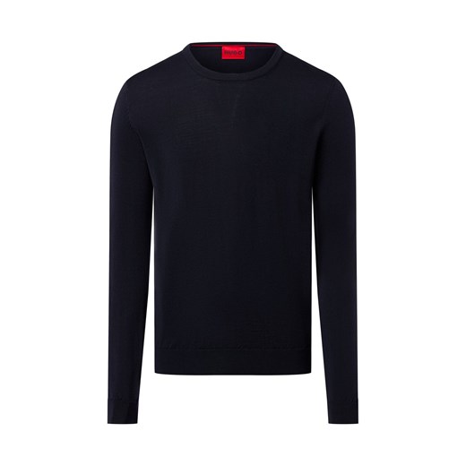 HUGO Męski sweter z dzianiny z wełny dziewiczej - San Cedric Mężczyźni wełna ze strzyży granatowy jednolity ze sklepu vangraaf w kategorii Swetry męskie - zdjęcie 186508301