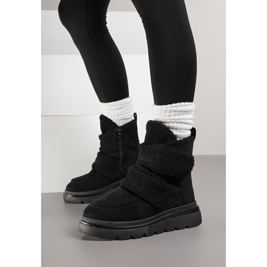 Czarne Botki Śniegowce na Grubej Podeszwie Ozdobione Szerokimi Rzepami Amerria 40 born2be.pl