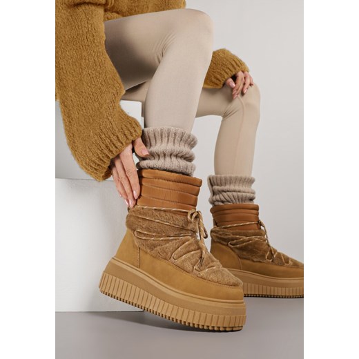 Jasnobrązowe Pikowane Śniegowce na Grubej Tłoczonej Podeszwie z Futerkiem 41 born2be.pl