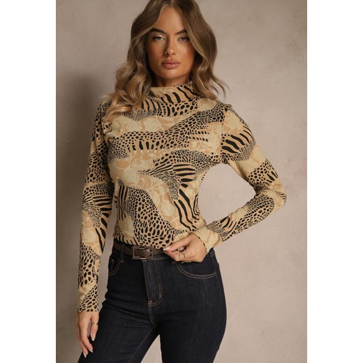 Beżowo-Czarna Bluzka Longsleeve z Bawełny z Półgolfem i Panterkowym Printem Unalla ze sklepu renee.pl w kategorii Bluzki damskie - zdjęcie 186510580