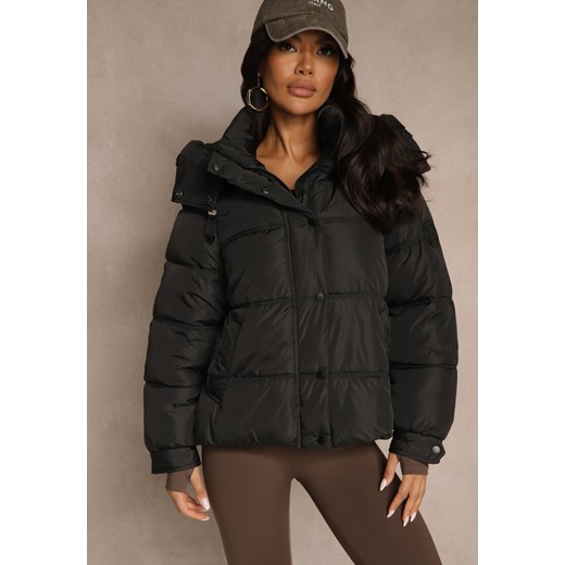 Czarna Oversizowa Kurtka Puffer z Kapturem i Naszywką przy Rękawie Azine ze sklepu renee.pl w kategorii Kurtki damskie - zdjęcie 186510590