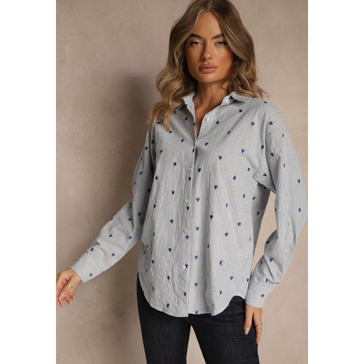 Niebieska Koszula z Bawełny w Serduszka i Drobne Paseczki Fenimalla Renee S renee.pl