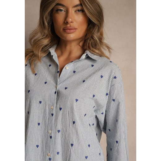 Niebieska Koszula z Bawełny w Serduszka i Drobne Paseczki Fenimalla Renee S renee.pl