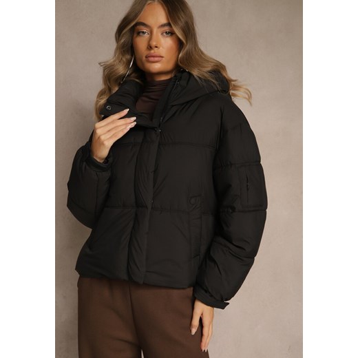 Czarna Kurtka Puffer z Pikowaniem Kapturem i Kieszonką przy Rękawie Galeida ze sklepu renee.pl w kategorii Kurtki damskie - zdjęcie 186512031