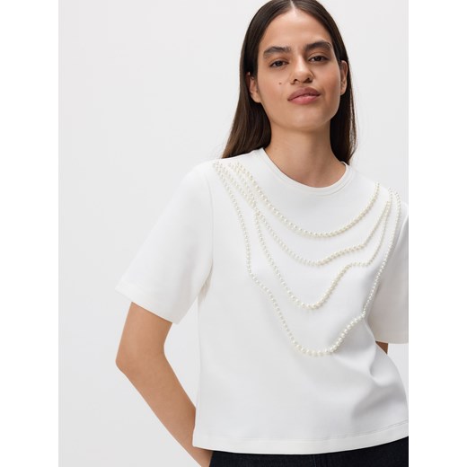 Reserved - T-shirt z imitacją pereł - złamana biel ze sklepu Reserved w kategorii Bluzki damskie - zdjęcie 186516922