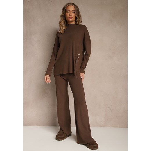 Brązowy Komplet z Dzianiny z Wiskozą Spodnie i Sweter z Ozdobnymi Guzikami Unarea ze sklepu renee.pl w kategorii Komplety i garnitury damskie - zdjęcie 186518571