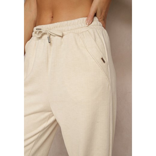 Jasnobeżowe Spodnie High Waist z Gumką i Troczkami w Pasie Rallena Renee M renee.pl