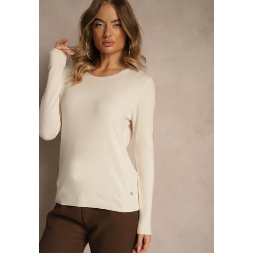Beżowy Gładki Sweter w Minimalistycznym Stylu Tevra Renee M renee.pl